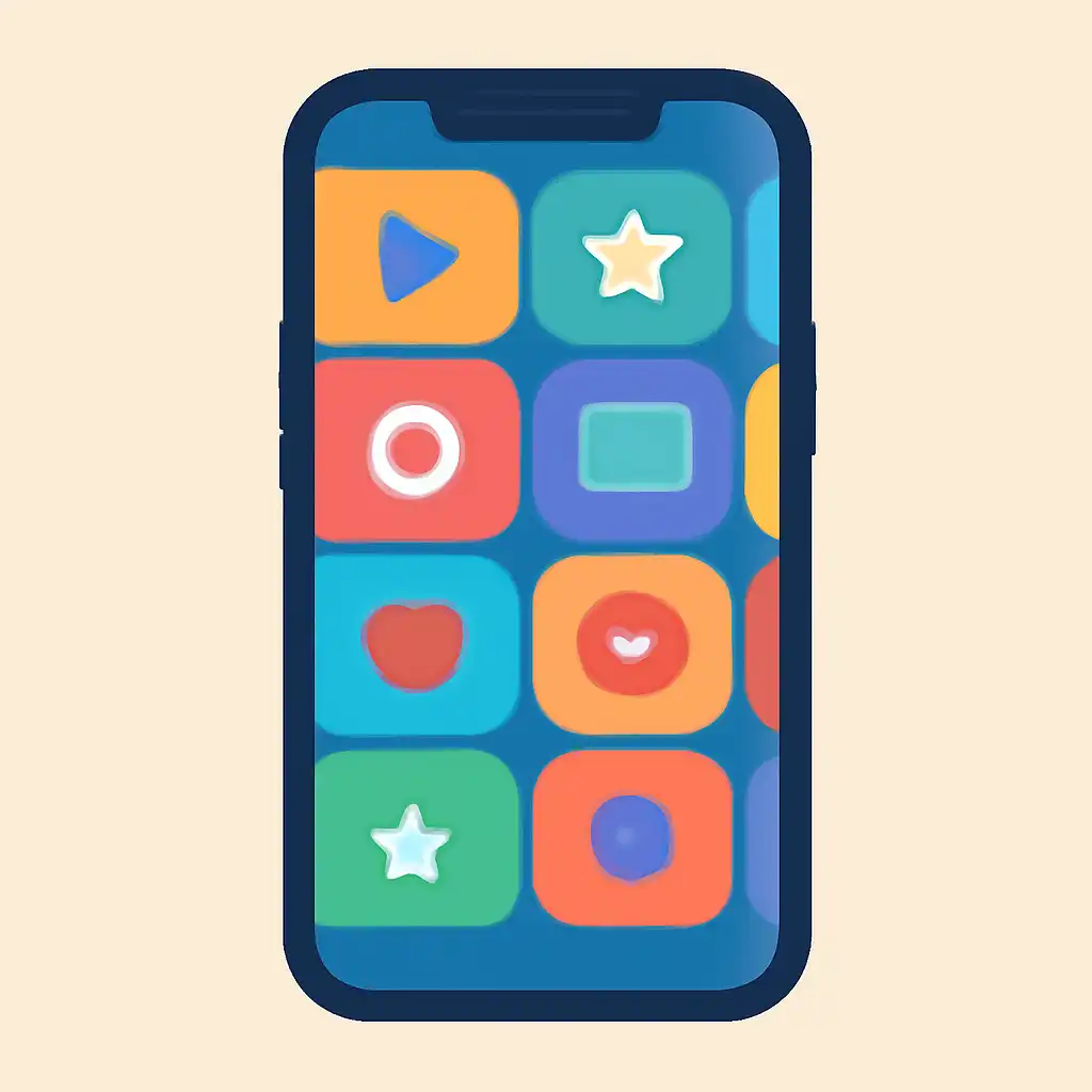 Smartphone shown from the front displaying a colourful flat layout of abstract game icons and rounded tiles (no text, no letters, no labels), Big Daddy Game