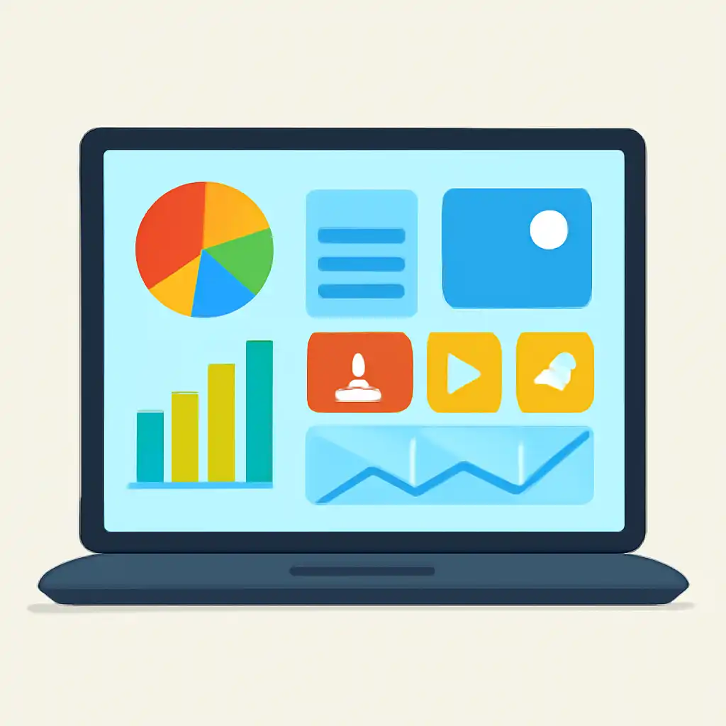 Laptop shown from the front displaying a colourful flat dashboard of abstract charts, bars and icon tiles (no text, no letters, no labels), Big Daddy Game